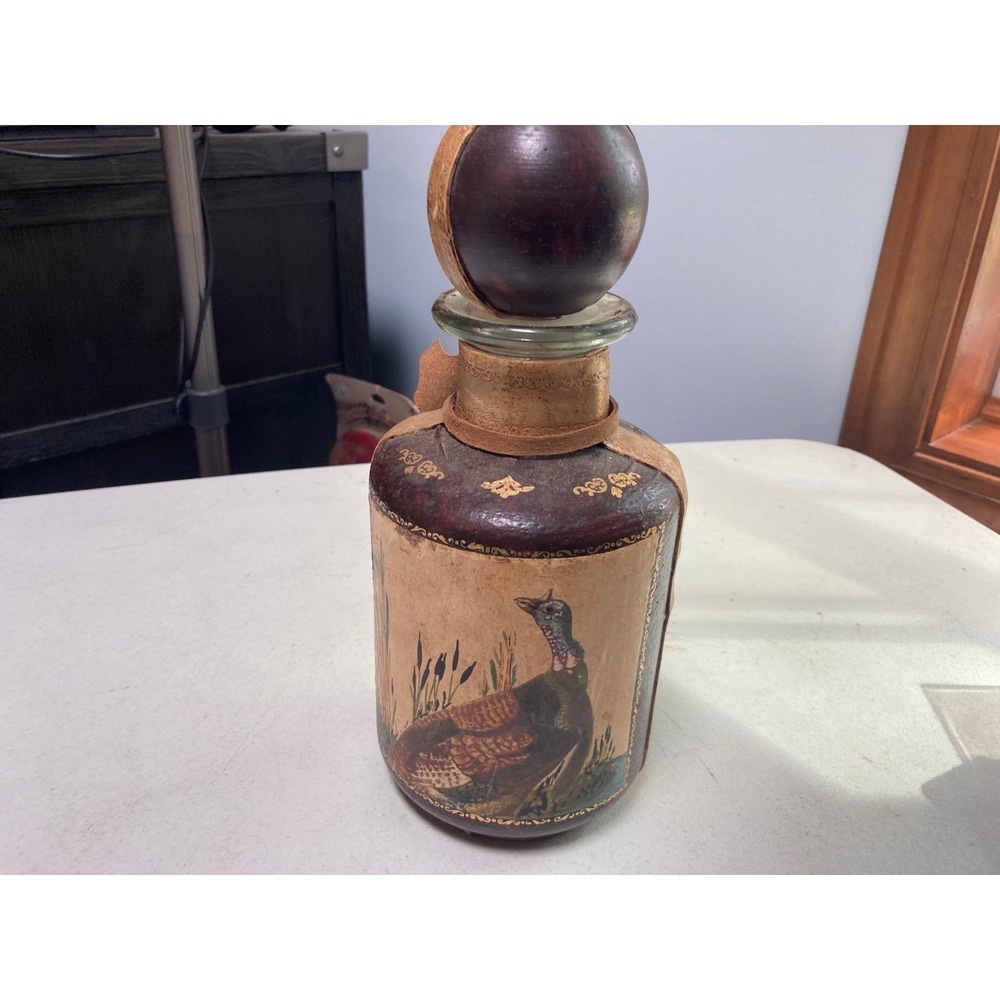Vintage Moymez Italy Leather Wrapped Glass Decanter Hand Painted Pheasant Bird